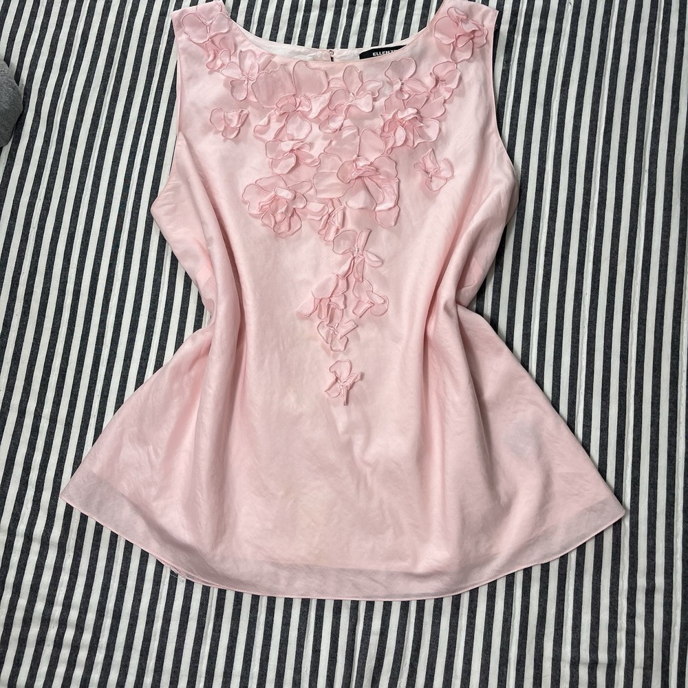 ELLEN TRACY Pink Blouse Women Sz 10 Sleeveless Flower Applique Cotton light